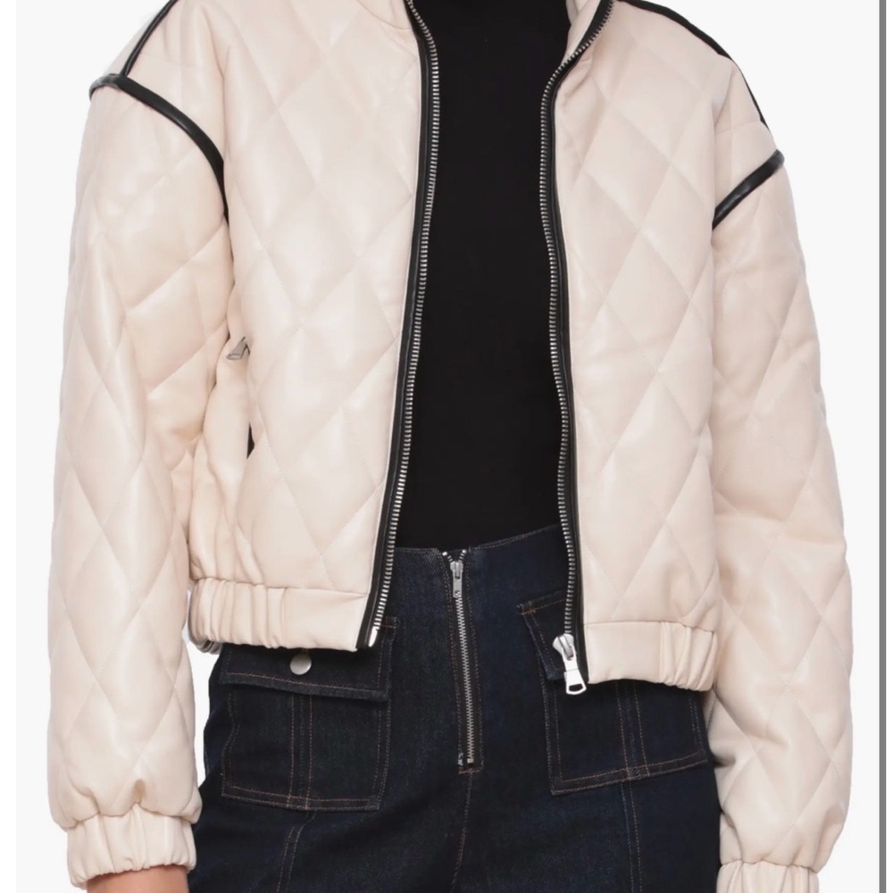 Avec Les Filles Cream Quilted Puffer Jacket with Black Trim